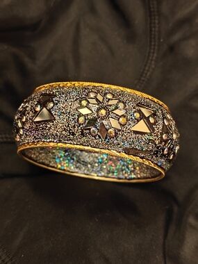 Black Glitter Bangle/Bracelet with Gold Trim And Mirror Embellishments